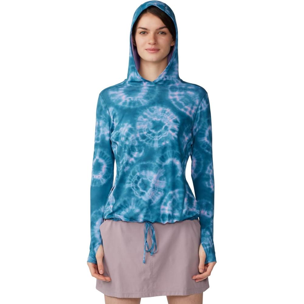 imageMountain Hardwear Womens Crater Lake Long Sleeve Hoody for Hiking Camping Backpacking and Casual WearBaltic Blue Spore Dye Print