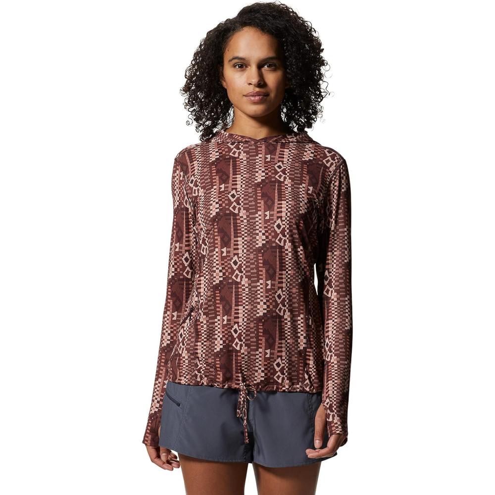 imageMountain Hardwear Womens Crater Lake Long Sleeve Hoody for Hiking Camping Backpacking and Casual WearWashed Raisin Geo Print