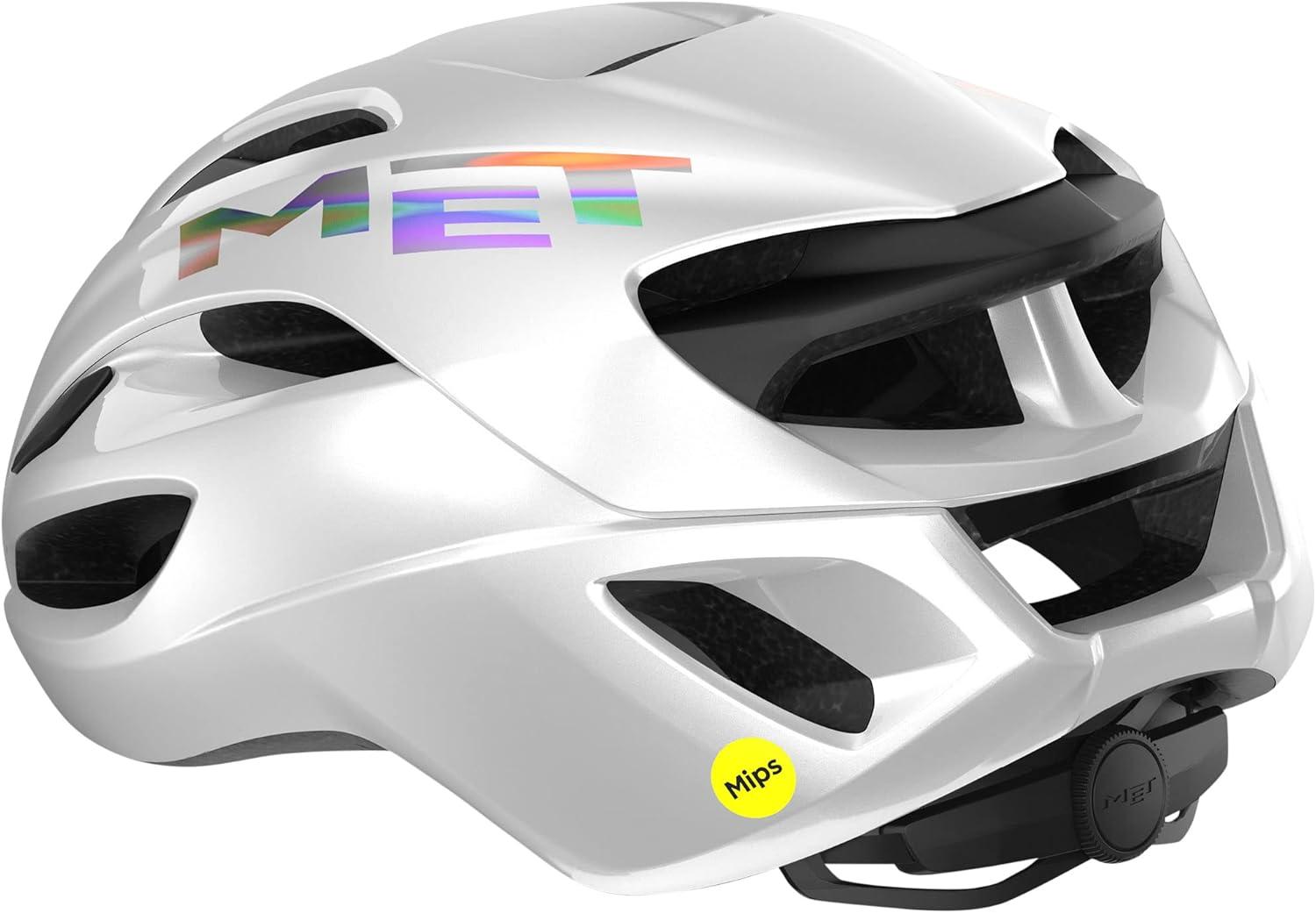 imageMET Rivale MIPS Road Bike Helmet Lightweight Adult Cycling Helmet Aero Shape 360Degree Adjustable Head Belt Internal Air Channeling Sunglasses PortWhite Holographic Glossy